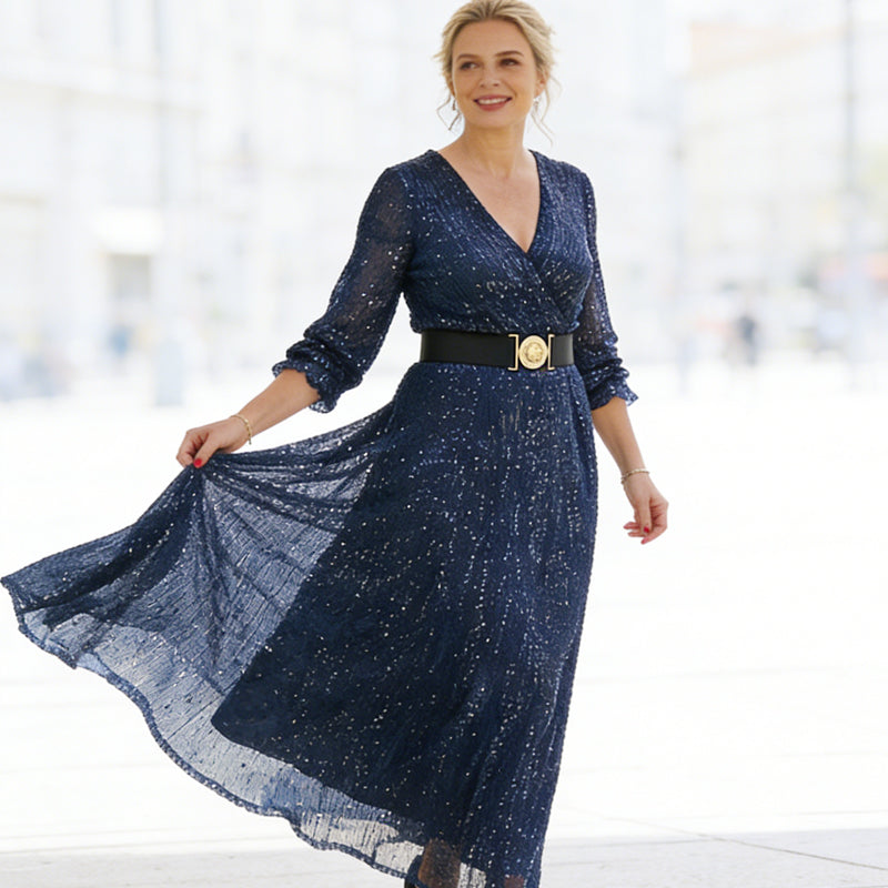🌟✨Rochie lungă cu decolteu în V și paiete pentru femei👗-8