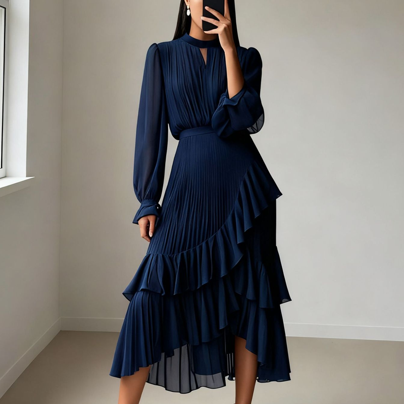 🎉Reducere limitată: 50% reducere💎👗Rochie midi cu decolteu în formă de cheiță și volane pentru femei