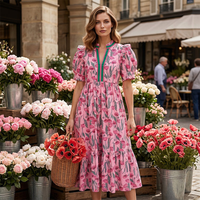 👗 50% reducere! 🌸 Rochie lungă florală cu volane – mâneci bufante, fluidă și confortabilă, elegantă ✨-1