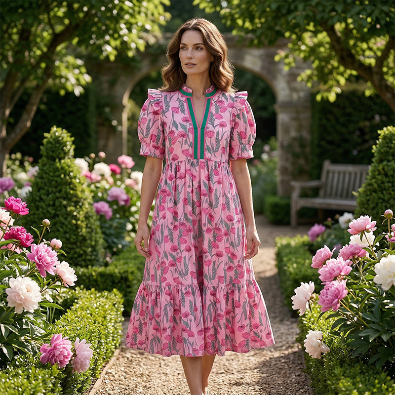 👗 50% reducere! 🌸 Rochie lungă florală cu volane – mâneci bufante, fluidă și confortabilă, elegantă ✨