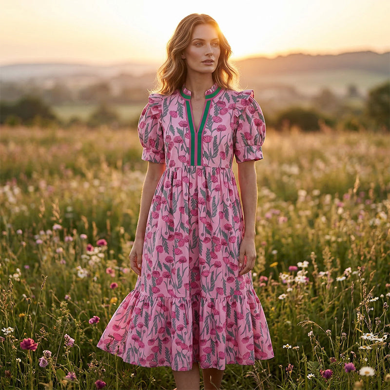 👗 50% reducere! 🌸 Rochie lungă florală cu volane – mâneci bufante, fluidă și confortabilă, elegantă ✨-2