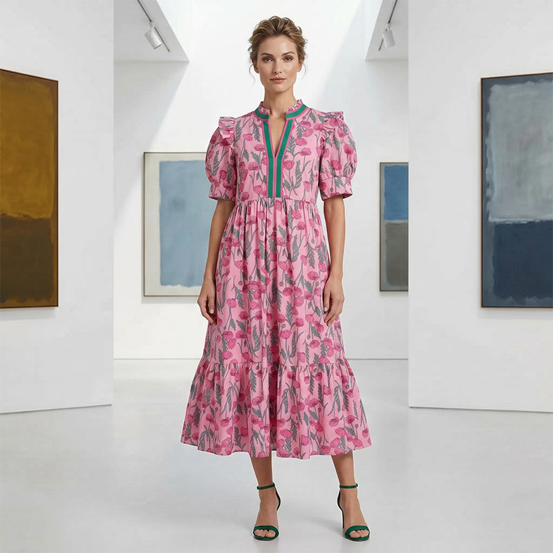 👗 50% reducere! 🌸 Rochie lungă florală cu volane – mâneci bufante, fluidă și confortabilă, elegantă ✨-8