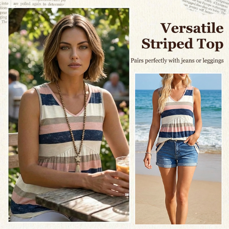 ✨👚Top pentru femei cu decolteu în V, dungi și pliuri😍-1