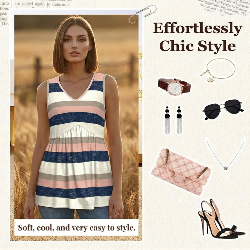 ✨👚Top pentru femei cu decolteu în V, dungi și pliuri😍-2
