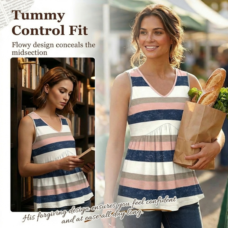 ✨👚Top pentru femei cu decolteu în V, dungi și pliuri😍-4