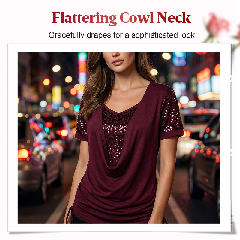 💗💖【S-5XL】👕Bluză elegantă cu mâneci scurte și paiete pentru femei🎉-2