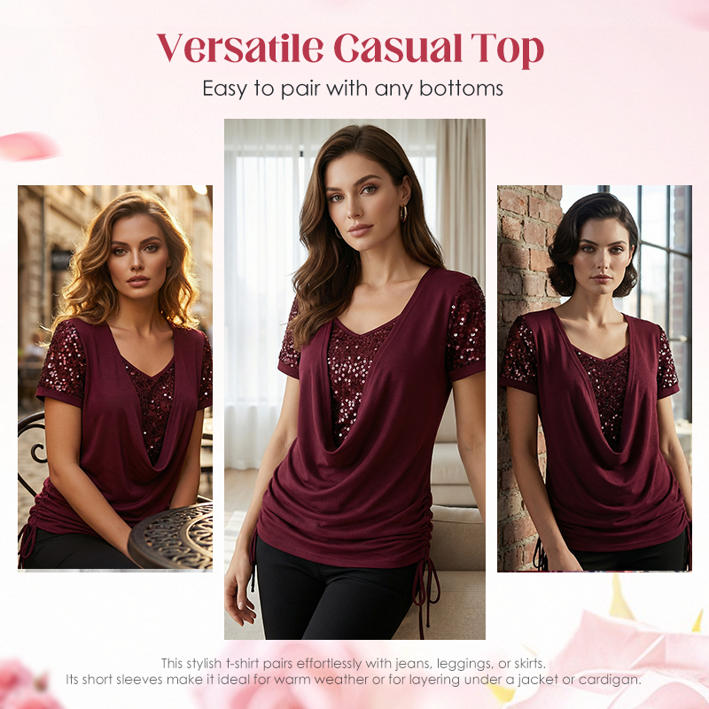 💗💖【S-5XL】👕Bluză elegantă cu mâneci scurte și paiete pentru femei🎉-4