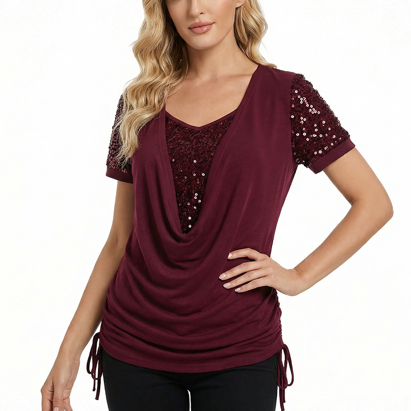 💗💖【S-5XL】👕Bluză elegantă cu mâneci scurte și paiete pentru femei🎉-10