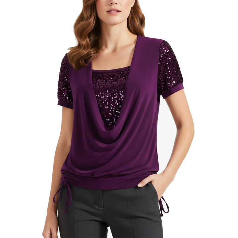 💗💖【S-5XL】👕Bluză elegantă cu mâneci scurte și paiete pentru femei🎉-11