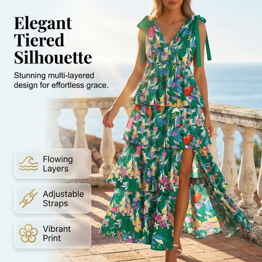 👗Reduceri de primăvară 50%!🌿🌸Rochie cu volane în trepte și decolteu în V, cu imprimeu floral, pentru femei