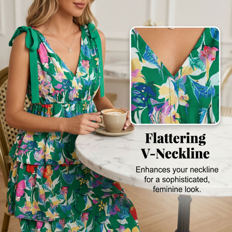 👗Reduceri de primăvară 50%!🌿🌸Rochie cu volane în trepte și decolteu în V, cu imprimeu floral, pentru femei-1