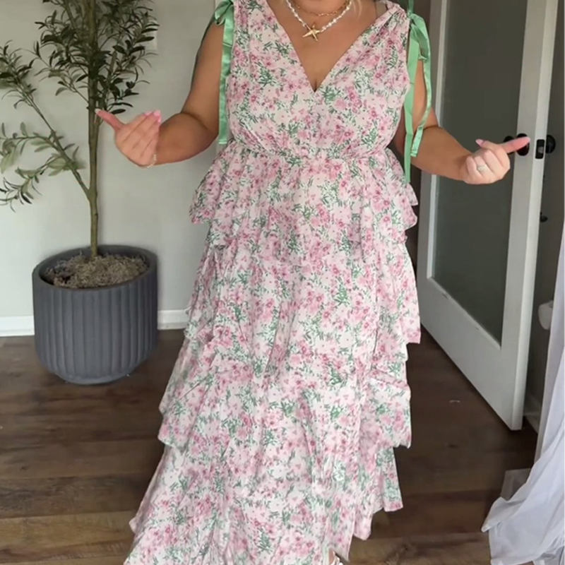 👗Reduceri de primăvară 50%!🌿🌸Rochie cu volane în trepte și decolteu în V, cu imprimeu floral, pentru femei-9