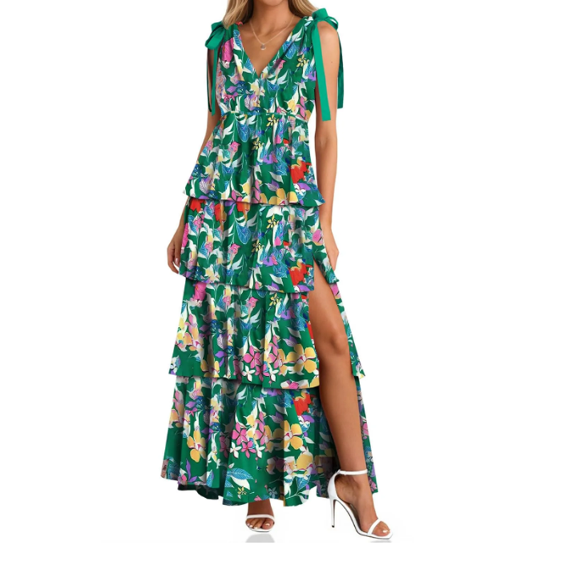 👗Reduceri de primăvară 50%!🌿🌸Rochie cu volane în trepte și decolteu în V, cu imprimeu floral, pentru femei-10