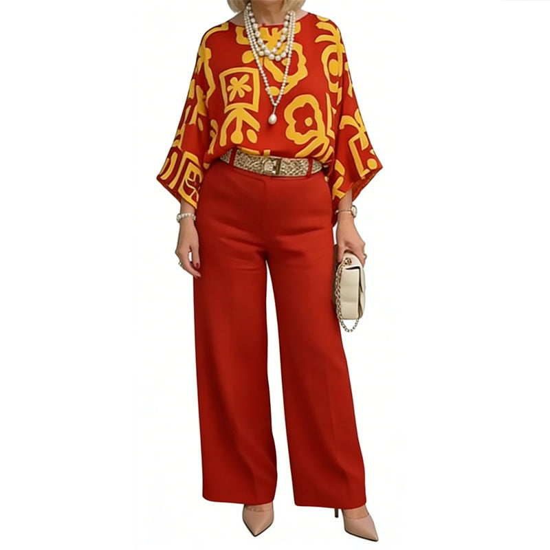 Set compus din un top retro cu imprimeu grafic și pantaloni cu croi larg pentru femei-9