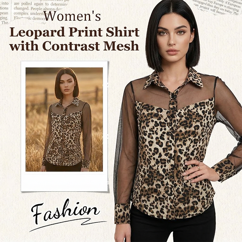 ⏳Ofertă specială limitată⏰Cămașă pentru femei cu imprimeu leopard și inserții din plasă în culori contrastante – mâneci lungi, potrivită atât pentru birou, cât și pentru ieșirile de seară ✨-1