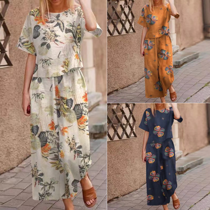 Set din două piese pentru femei: bluză largă cu imprimeu și pantaloni