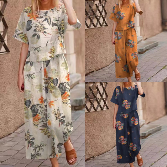 Set din două piese pentru femei: bluză largă cu imprimeu și pantaloni