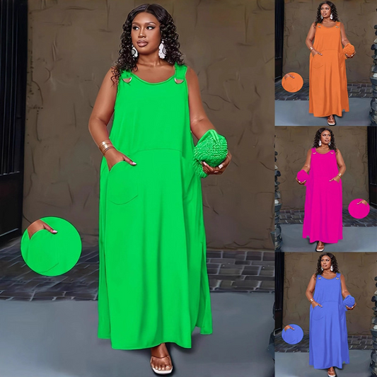 🌿Rochie largă, personalizată, care ascunde silueta, mărimi mari【XL-6XL】👗Rochie maxi casual fără mâneci pentru femei, cu buzunare