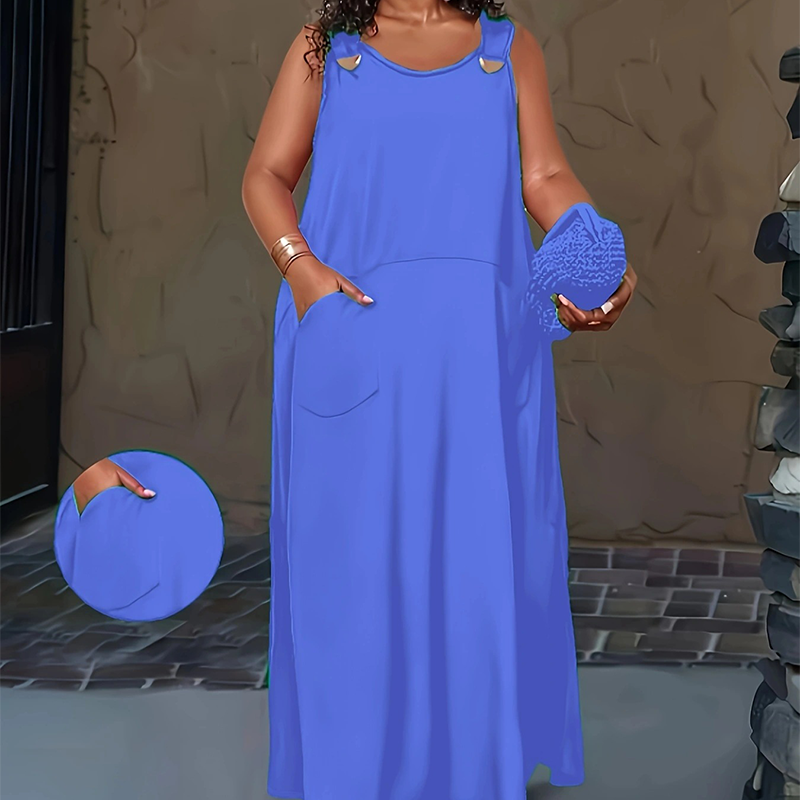 🌿Rochie largă, personalizată, care ascunde silueta, mărimi mari【XL-6XL】👗Rochie maxi casual fără mâneci pentru femei, cu buzunare-1