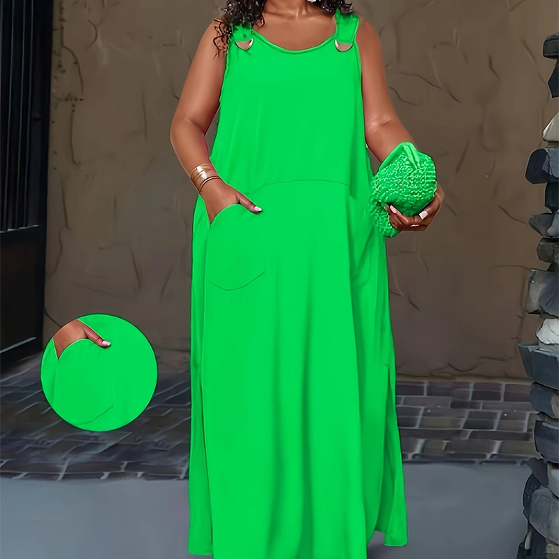 🌿Rochie largă, personalizată, care ascunde silueta, mărimi mari【XL-6XL】👗Rochie maxi casual fără mâneci pentru femei, cu buzunare-3