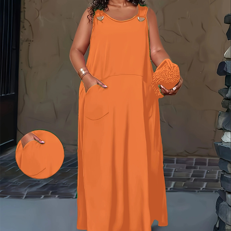 🌿Rochie largă, personalizată, care ascunde silueta, mărimi mari【XL-6XL】👗Rochie maxi casual fără mâneci pentru femei, cu buzunare-7