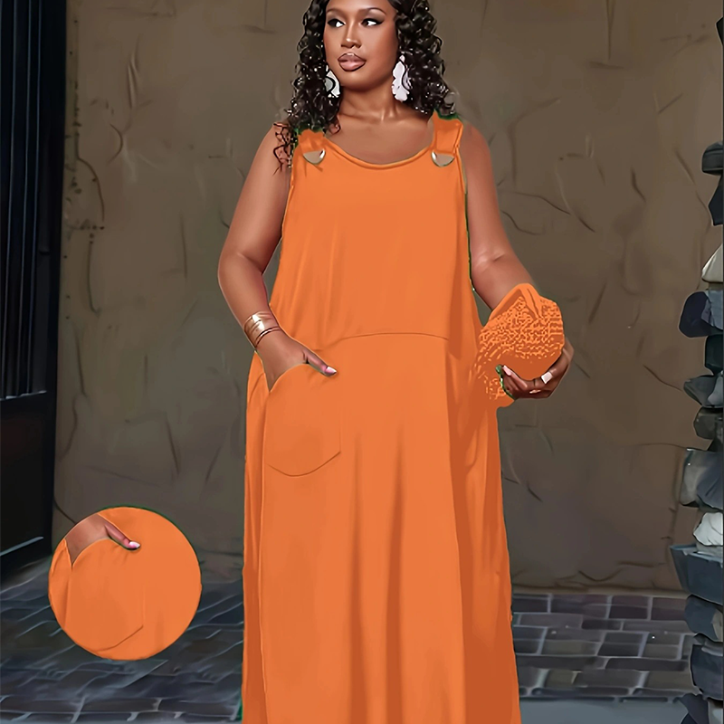 🌿Rochie largă, personalizată, care ascunde silueta, mărimi mari【XL-6XL】👗Rochie maxi casual fără mâneci pentru femei, cu buzunare-12