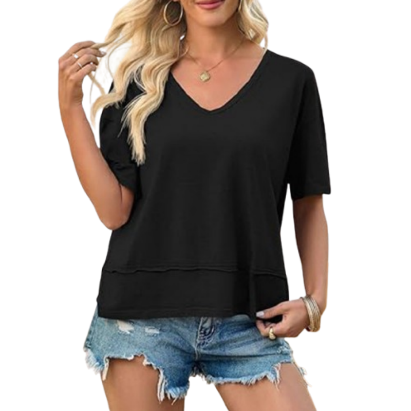 🔥👕Bluză pentru femei cu mâneci scurte, decolteu în V și tiv în stil patchwork-1