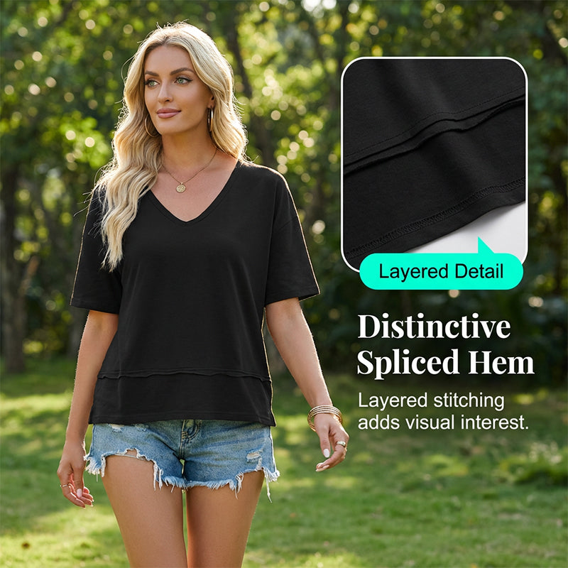 🔥👕Bluză pentru femei cu mâneci scurte, decolteu în V și tiv în stil patchwork-3