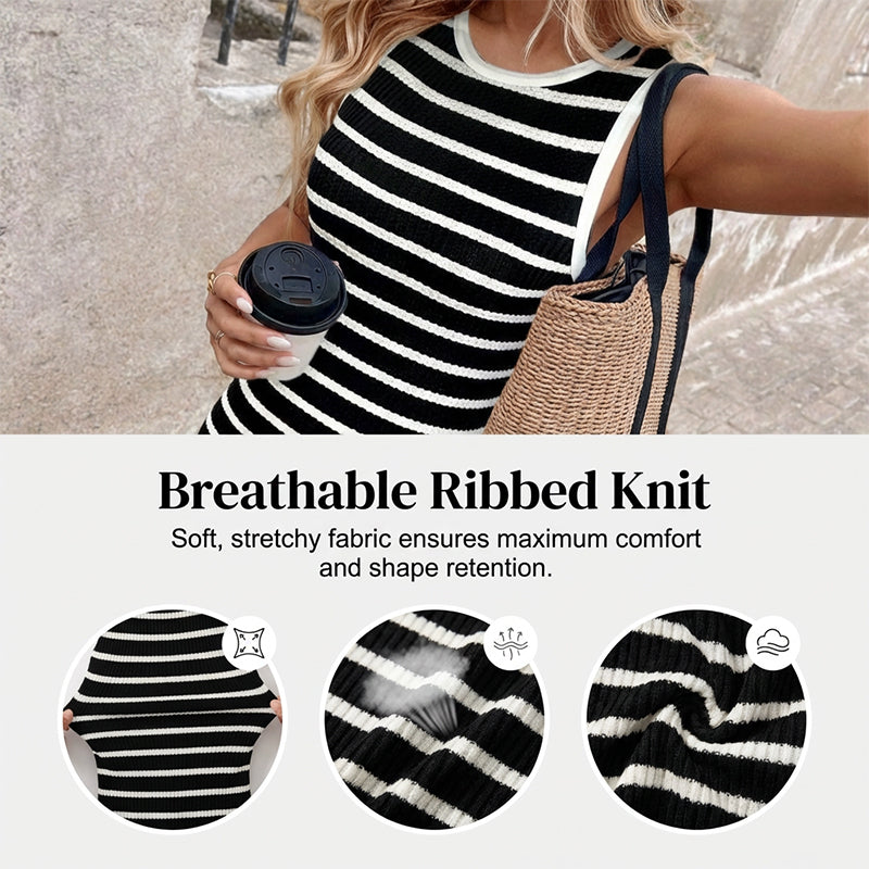 Rochie din tricot cu dungi și nervuri, fără mâneci-4