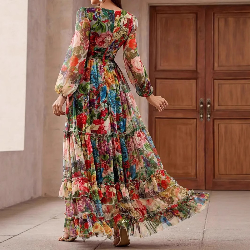 🌺 50% REDUCERE ACUM! 👗 Rochie maxi cu imprimeu floral pentru femei – decolteu în V, talie empire și fustă în straturi ✨-2
