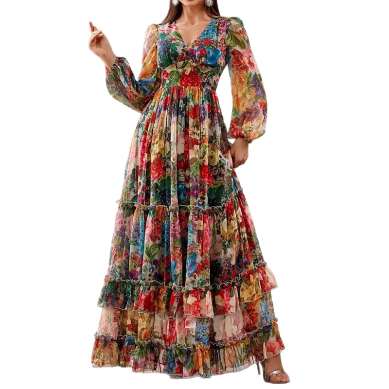 🌺 50% REDUCERE ACUM! 👗 Rochie maxi cu imprimeu floral pentru femei – decolteu în V, talie empire și fustă în straturi ✨-8