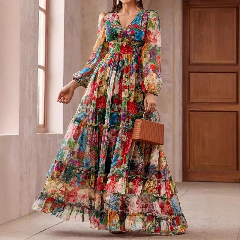 🌺 50% REDUCERE ACUM! 👗 Rochie maxi cu imprimeu floral pentru femei – decolteu în V, talie empire și fustă în straturi ✨-3