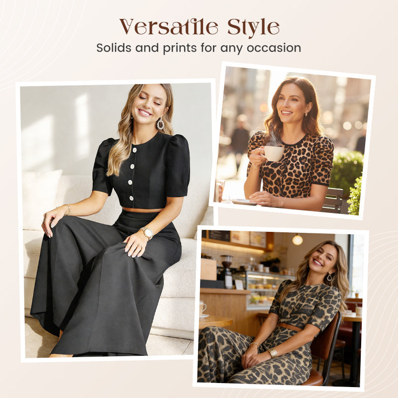 ✨😍Set elegant format din un top scurt cu mâneci bufante și pantaloni largi-5