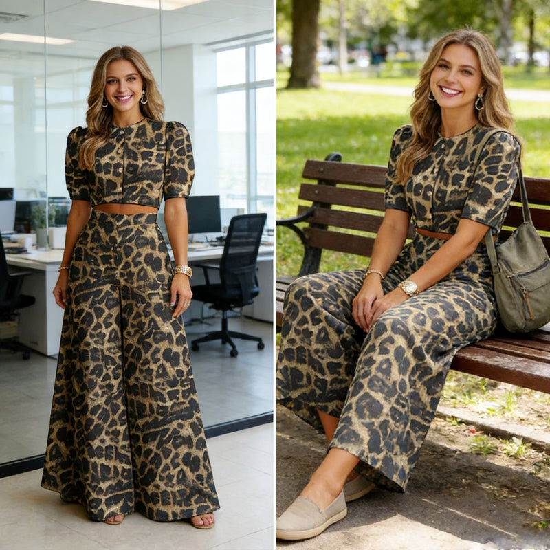 ✨😍Set elegant format din un top scurt cu mâneci bufante și pantaloni largi-7