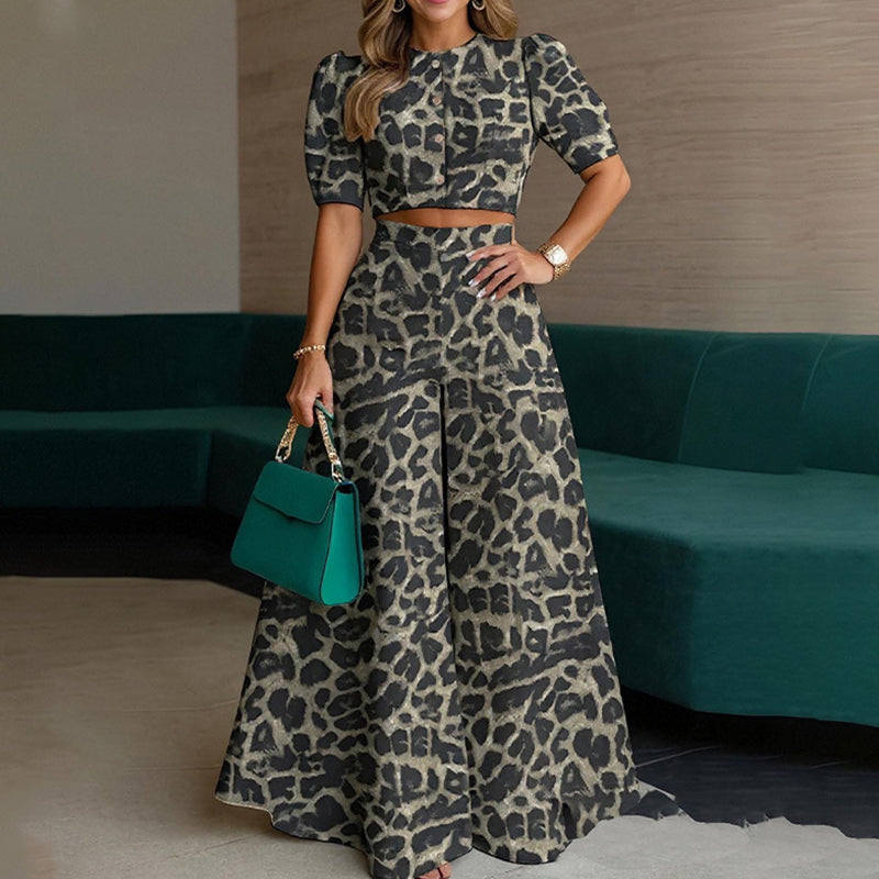 ✨😍Set elegant format din un top scurt cu mâneci bufante și pantaloni largi-10