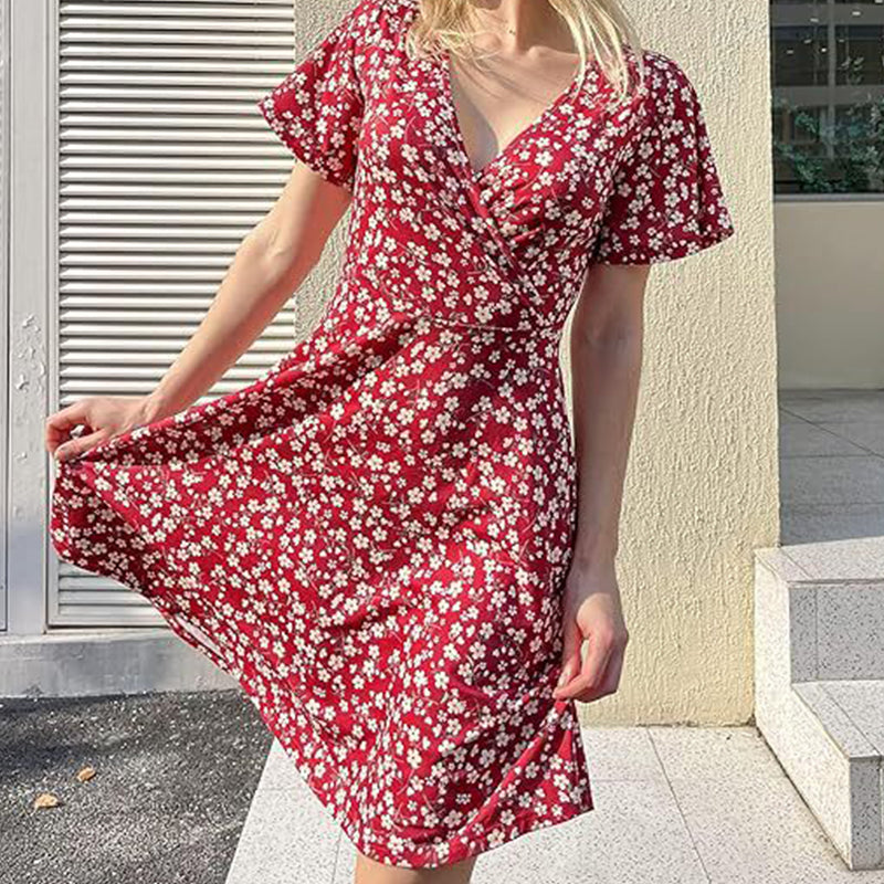 👗😍Rochie elegantă pentru femei, cu imprimeu floral, decolteu în V și mâneci scurte🏖️-2
