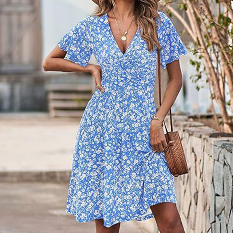 👗😍Rochie elegantă pentru femei, cu imprimeu floral, decolteu în V și mâneci scurte🏖️-4