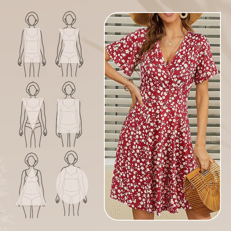 👗😍Rochie elegantă pentru femei, cu imprimeu floral, decolteu în V și mâneci scurte🏖️-5