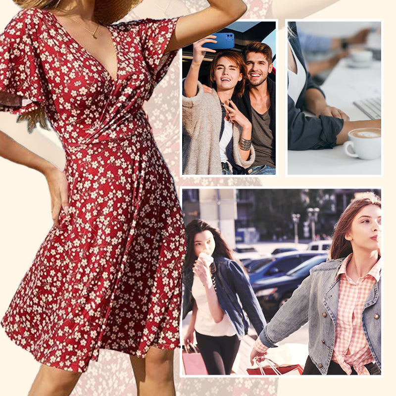 👗😍Rochie elegantă pentru femei, cu imprimeu floral, decolteu în V și mâneci scurte🏖️-6