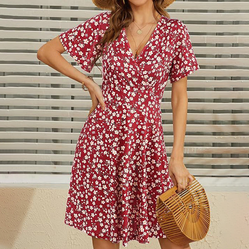 👗😍Rochie elegantă pentru femei, cu imprimeu floral, decolteu în V și mâneci scurte🏖️-9