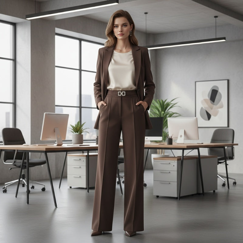 💼👖Pantaloni pentru femei cu talie înaltă și croi larg, cu cataramă⭐-7