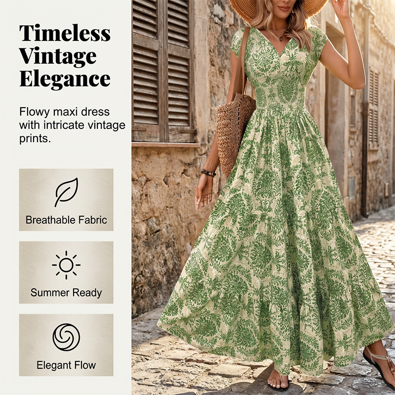 🎁Noutăți cu 50% reducere💥Rochie lungă pentru femei, cu decolteu în V, imprimeu floral și detalii smockate-1