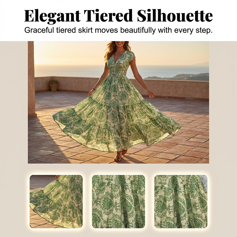 🎁Noutăți cu 50% reducere💥Rochie lungă pentru femei, cu decolteu în V, imprimeu floral și detalii smockate-4