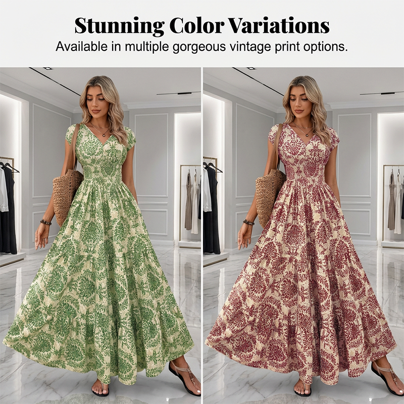 🎁Noutăți cu 50% reducere💥Rochie lungă pentru femei, cu decolteu în V, imprimeu floral și detalii smockate-6