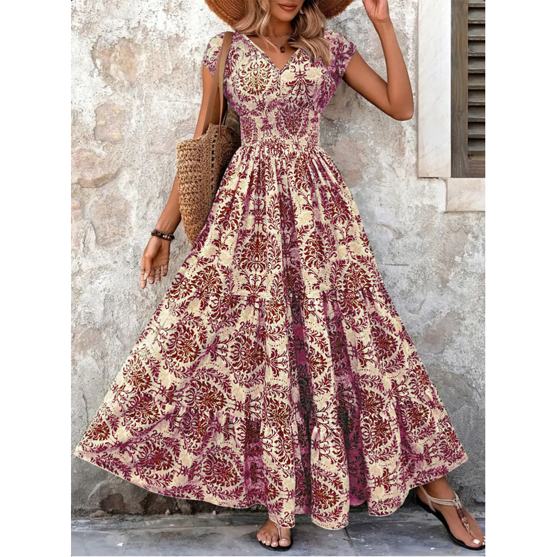 🎁Noutăți cu 50% reducere💥Rochie lungă pentru femei, cu decolteu în V, imprimeu floral și detalii smockate-8