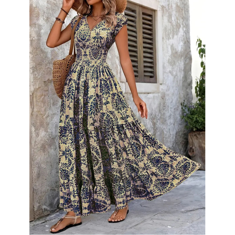 🎁Noutăți cu 50% reducere💥Rochie lungă pentru femei, cu decolteu în V, imprimeu floral și detalii smockate-10