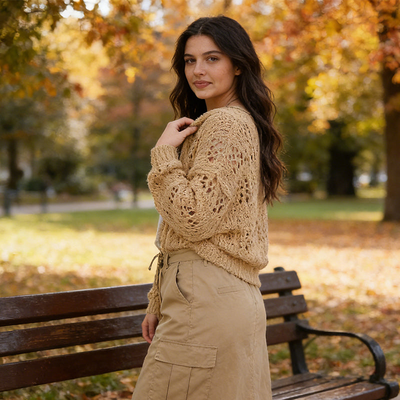 ✨ 50% REDUCERE ACUM! 🧶 Cardigan lejer pentru femei, cu deschidere în față – model boho cu textură pointelle și mâneci în formă de aripi de liliac 🍂☕-1