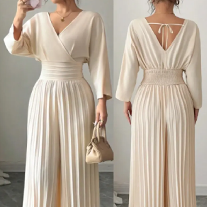 ✨Salopetă elegantă cu decolteu în V, pliuri și croi larg⭐-10