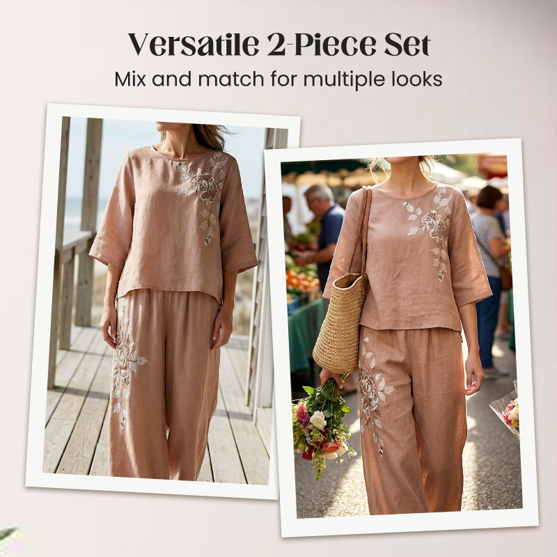 🔥Set din două piese din bumbac și in, brodat, în stil vintage😍-8