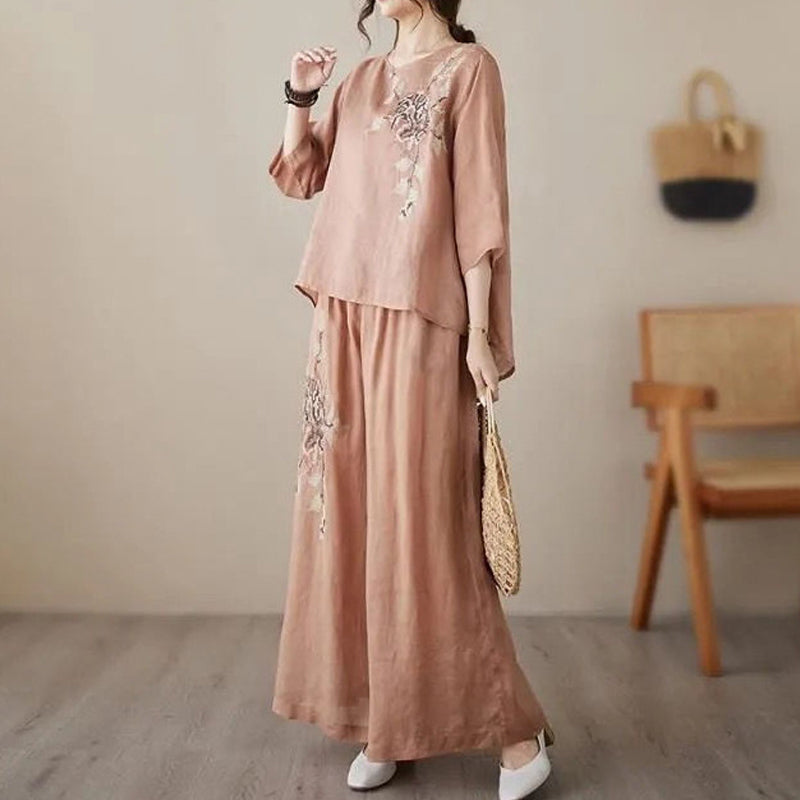 🔥Set din două piese din bumbac și in, brodat, în stil vintage😍-4